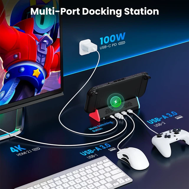 Alt view image 4 of 7 - Portable TV Dock for Switch 2 4K@144Hz HDMI, 2 USB Ports, 100W Type-C PD, Travel Replacement Dock, Switch 2 Only