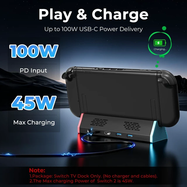 Alt view image 5 of 7 - Portable TV Dock for Switch 2 4K@144Hz HDMI, 2 USB Ports, 100W Type-C PD, Travel Replacement Dock, Switch 2 Only