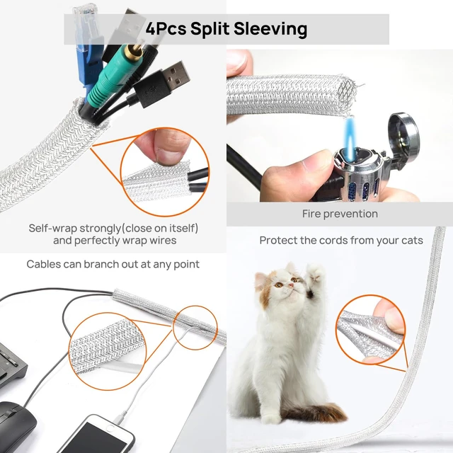 Alt view image 2 of 7 - 193 PCS Cable Management Kit - 4 Cable Sleeve, 57 Self Adhesive Cable Clips, 12 Hanging Strips, 12 Cable Organizer Straps and 100 Fastening Cable Ties for TV Computer Under Desk (White)