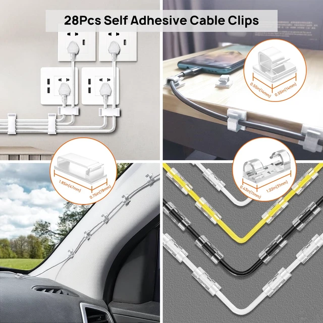 Alt view image 4 of 7 - 193 PCS Cable Management Kit - 4 Cable Sleeve, 57 Self Adhesive Cable Clips, 12 Hanging Strips, 12 Cable Organizer Straps and 100 Fastening Cable Ties for TV Computer Under Desk (White)