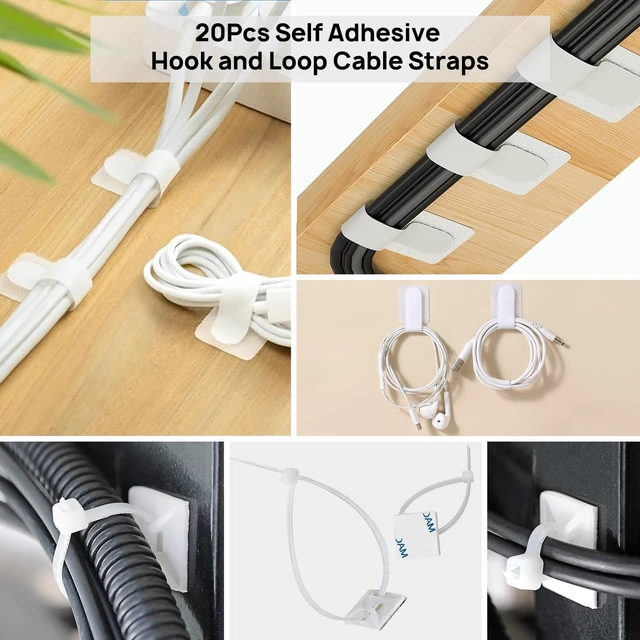 Alt view image 6 of 7 - 193 PCS Cable Management Kit - 4 Cable Sleeve, 57 Self Adhesive Cable Clips, 12 Hanging Strips, 12 Cable Organizer Straps and 100 Fastening Cable Ties for TV Computer Under Desk (White)