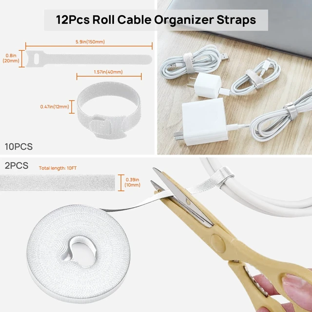 Alt view image 7 of 7 - 193 PCS Cable Management Kit - 4 Cable Sleeve, 57 Self Adhesive Cable Clips, 12 Hanging Strips, 12 Cable Organizer Straps and 100 Fastening Cable Ties for TV Computer Under Desk (White)