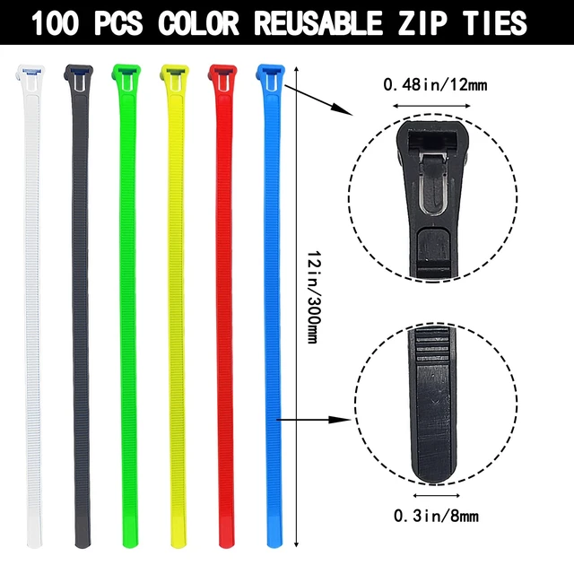 Alt view image 2 of 7 - 100 Pcs 12 Inch Color Reusable Zip Ties, Heavy Duty Releasable Cable Ties, Self-Locking Nylon Colored Zip Ties 50 Lbs Tensile Strength Cable Ties Wraps for Garden Plant Home Office Workshop