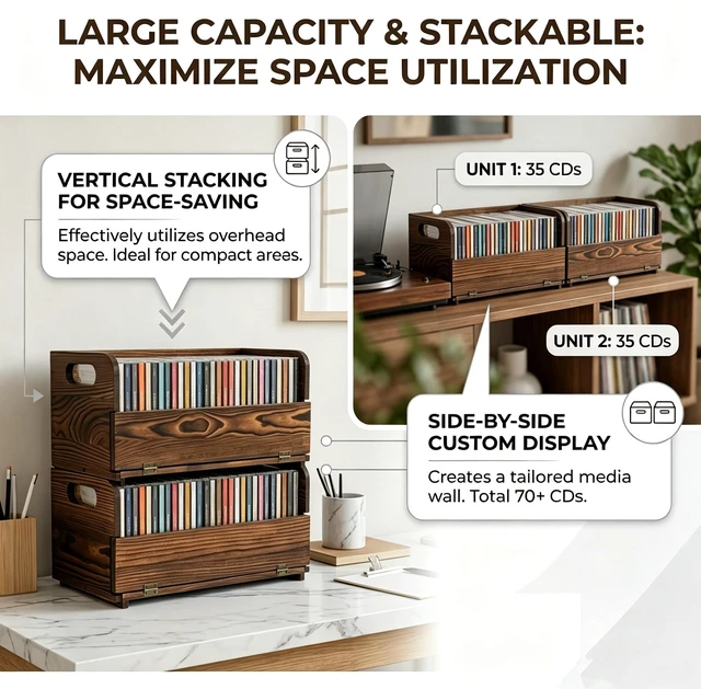Alt view image 4 of 6 - 2-Pack Solid Wood CD Storage Boxes, Holds 70 Pcs, CD storage rack Stackable