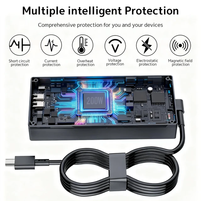 Alt view image 7 of 7 - 200W GaN Chager Fit for Asus ProArt PX13 PZ13 TUF Gaming A14 A16 Adapter 20V 10A Power Supply Compatible with Asus Zephyrus G14 G16 GA605 GU605, A20-200P1A, H7606 HN7306, ROG Flow Z13