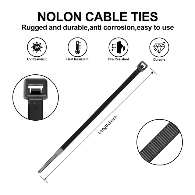 Alt view image 2 of 7 - Zip Ties 8 Inch -1000 Pcs Black Zip Ties for Indoor and Outdoor Use Black Cable Ties 50lbs Tensile Strength, Self-Locking wire ties, UV Resistant Flame Retardant,Nylon Zipties Cable Management