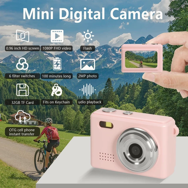 Alt view image 2 of 7 - Mini Keychain Camera, FHD 1080p Mini Digital Camera with 32GB SD Card, 6 Creative Filters, 0.96" HD Display, 100 Mins Battery Life for Decorate Travel Recording Gifts (Pink-Modern)