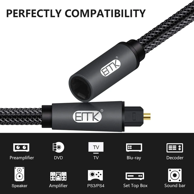 Alt view image 4 of 7 - Optical Extension Cable Male to Female Coupler Cord Nylon Braided Jacket 24K Gold-Plated Fiber Digital Extension Adapter Cable for Home Theater Sound bar TV 6.6ft