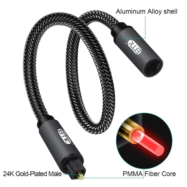 Alt view image 5 of 7 - Optical Extension Cable Male to Female Coupler Cord Nylon Braided Jacket 24K Gold-Plated Fiber Digital Extension Adapter Cable for Home Theater Sound bar TV 6.6ft