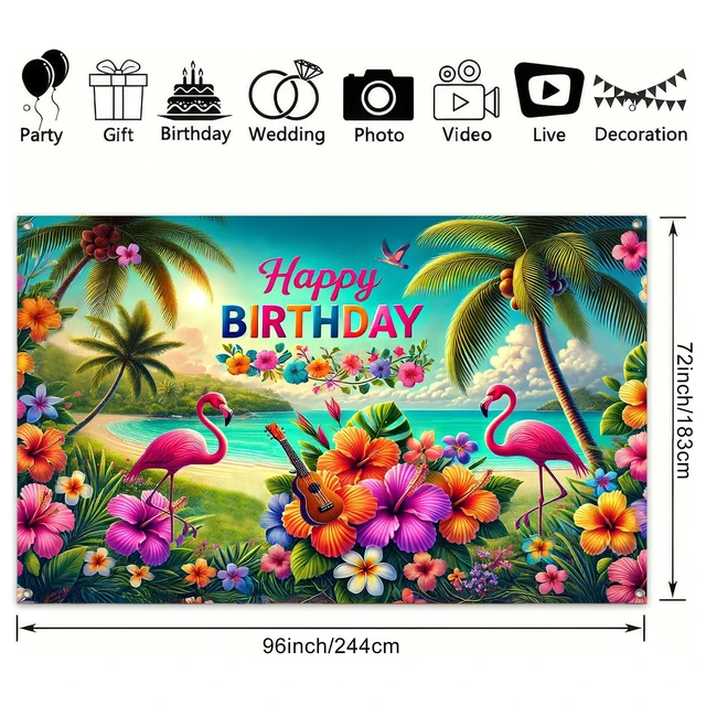 Alt view image 3 of 6 - Luau Party Decoration Hawaiian Backdrop 96x72 Inch Hawaiian Birthday Banner Tropical Theme Decoration Beach Theme Background Decoration Luau Party Back Drop