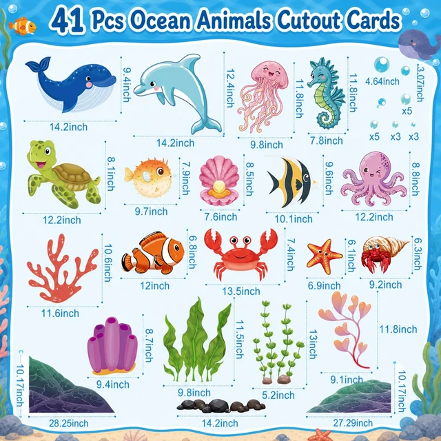 Alt view image 3 of 7 - 43 Pcs Under the Sea Party Decorations 2 Pcs 3.3 x 6.6 ft Blue Wavy Tinsel Foil Fringe Curtain 41 Ocean Animals Cutout Cards Ocean Themed Classroom Birthday Decor