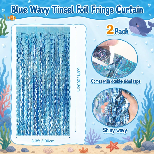 Alt view image 2 of 7 - 43 Pcs Under the Sea Party Decorations 2 Pcs 3.3 x 6.6 ft Blue Wavy Tinsel Foil Fringe Curtain 41 Ocean Animals Cutout Cards Ocean Themed Classroom Birthday Decor