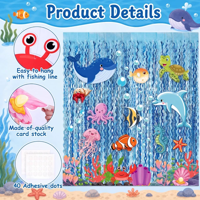 Alt view image 4 of 7 - 43 Pcs Under the Sea Party Decorations 2 Pcs 3.3 x 6.6 ft Blue Wavy Tinsel Foil Fringe Curtain 41 Ocean Animals Cutout Cards Ocean Themed Classroom Birthday Decor