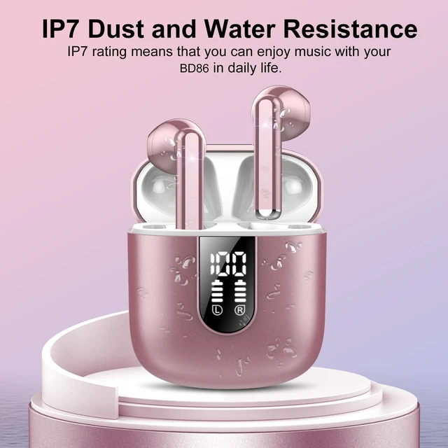 Alt view image 7 of 7 - Wireless Earbuds, Bluetooth 5.4 Headphones HiFi Stereo, Bluetooth Earbuds with ENC Noise Cancelling Mic, 36H LED Display Ear Buds, IPX7 in Ear Earphones for Phone Tablet Laptop Sports, Rose Gold