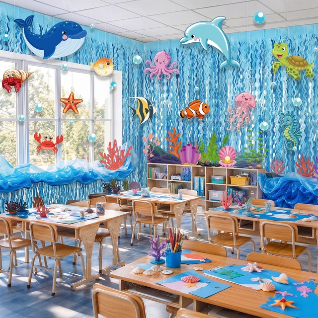 Alt view image 5 of 7 - 43 Pcs Under the Sea Party Decorations 2 Pcs 3.3 x 6.6 ft Blue Wavy Tinsel Foil Fringe Curtain 41 Ocean Animals Cutout Cards Ocean Themed Classroom Birthday Decor