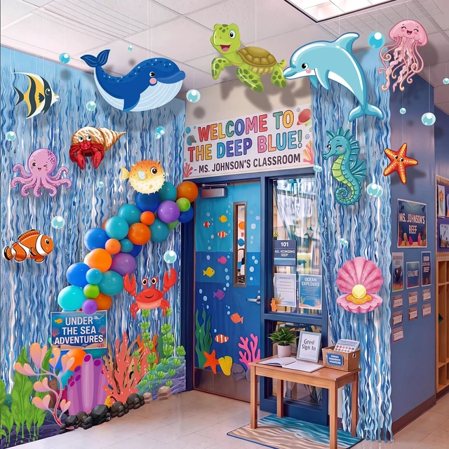 Alt view image 6 of 7 - 43 Pcs Under the Sea Party Decorations 2 Pcs 3.3 x 6.6 ft Blue Wavy Tinsel Foil Fringe Curtain 41 Ocean Animals Cutout Cards Ocean Themed Classroom Birthday Decor