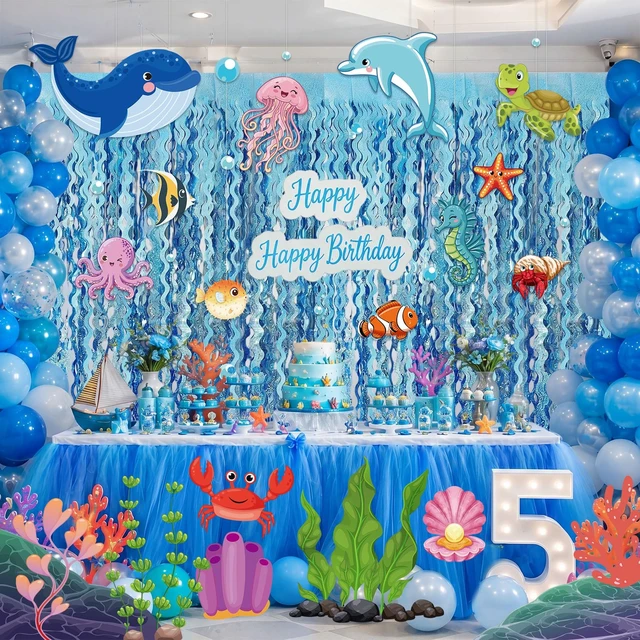 Alt view image 7 of 7 - 43 Pcs Under the Sea Party Decorations 2 Pcs 3.3 x 6.6 ft Blue Wavy Tinsel Foil Fringe Curtain 41 Ocean Animals Cutout Cards Ocean Themed Classroom Birthday Decor