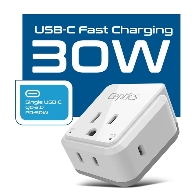 Alt view image 2 of 7 - European Plug Adapter, Safe USB-C 30W PD & QC 3.0-2 USA Socket - Compact & Powerful - Use in Greece, Italy, Switzerland, Turkey, Portugal - Includes Type C Swadapt Attachment