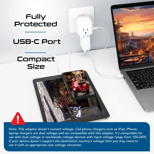 Alt view image 3 of 7 - European Plug Adapter, Safe USB-C 30W PD & QC 3.0-2 USA Socket - Compact & Powerful - Use in Greece, Italy, Switzerland, Turkey, Portugal - Includes Type C Swadapt Attachment