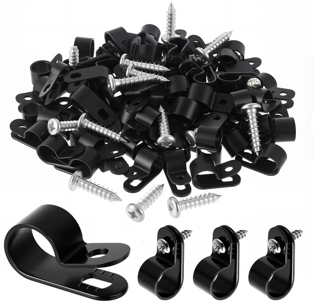 Main image of 100 Pcs 1/2inch Rope Light Clips P-Style Black Cable Clamps Outside Mounting Cable Plastic Clamps, Compatible with Stainless Steel Screw, for Wire Cord Management, Reinforced & Thickened Design