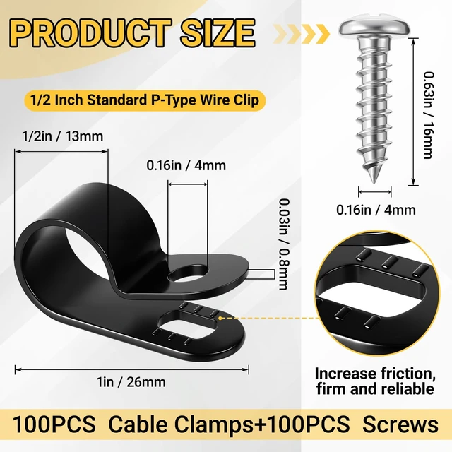 Alt view image 2 of 6 - 100 Pcs 1/2inch Rope Light Clips P-Style Black Cable Clamps Outside Mounting Cable Plastic Clamps, Compatible with Stainless Steel Screw, for Wire Cord Management, Reinforced & Thickened Design