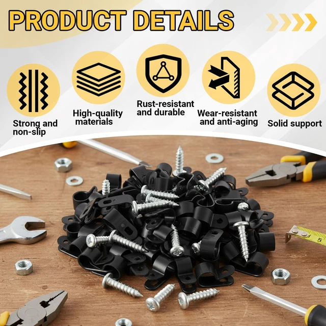 Alt view image 3 of 6 - 100 Pcs 1/2inch Rope Light Clips P-Style Black Cable Clamps Outside Mounting Cable Plastic Clamps, Compatible with Stainless Steel Screw, for Wire Cord Management, Reinforced & Thickened Design