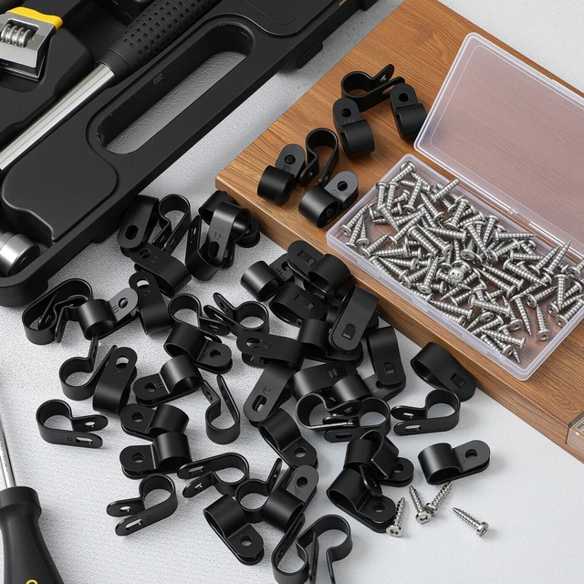 Alt view image 4 of 6 - 100 Pcs 1/2inch Rope Light Clips P-Style Black Cable Clamps Outside Mounting Cable Plastic Clamps, Compatible with Stainless Steel Screw, for Wire Cord Management, Reinforced & Thickened Design