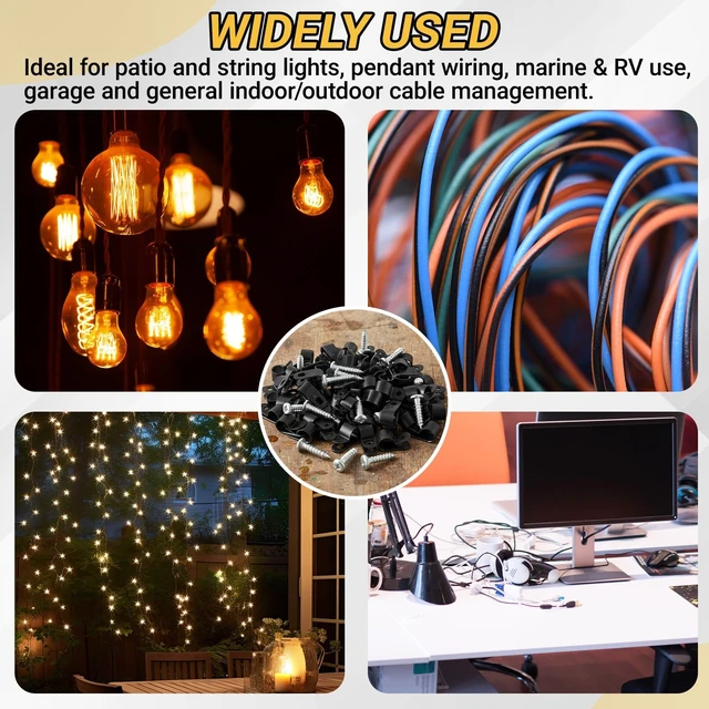 Alt view image 6 of 6 - 100 Pcs 1/2inch Rope Light Clips P-Style Black Cable Clamps Outside Mounting Cable Plastic Clamps, Compatible with Stainless Steel Screw, for Wire Cord Management, Reinforced & Thickened Design