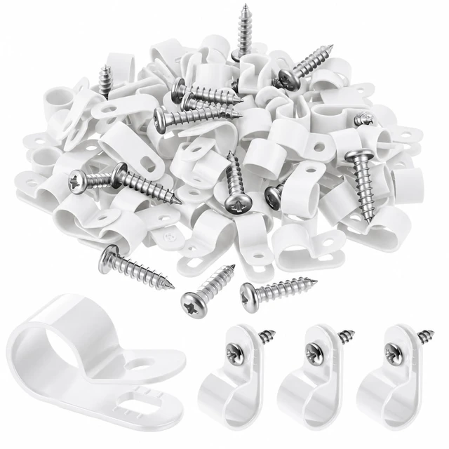 Main image of 100 Pcs 1/2inch Rope Light Clips P-Style White Cable Clamps Outside Mounting Cable Plastic Clamps, Compatible with Stainless Steel Screw, for Wire Cord Management, Reinforced & Thickened Design