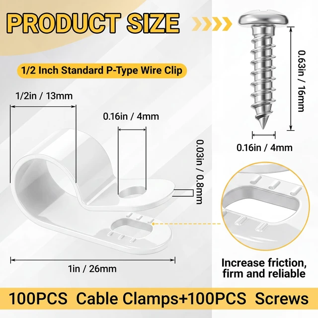 Alt view image 2 of 6 - 100 Pcs 1/2inch Rope Light Clips P-Style White Cable Clamps Outside Mounting Cable Plastic Clamps, Compatible with Stainless Steel Screw, for Wire Cord Management, Reinforced & Thickened Design