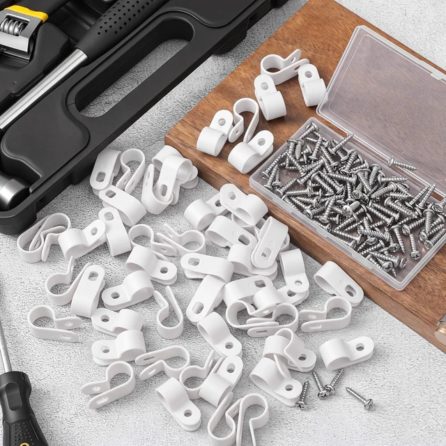 Alt view image 4 of 6 - 100 Pcs 1/2inch Rope Light Clips P-Style White Cable Clamps Outside Mounting Cable Plastic Clamps, Compatible with Stainless Steel Screw, for Wire Cord Management, Reinforced & Thickened Design