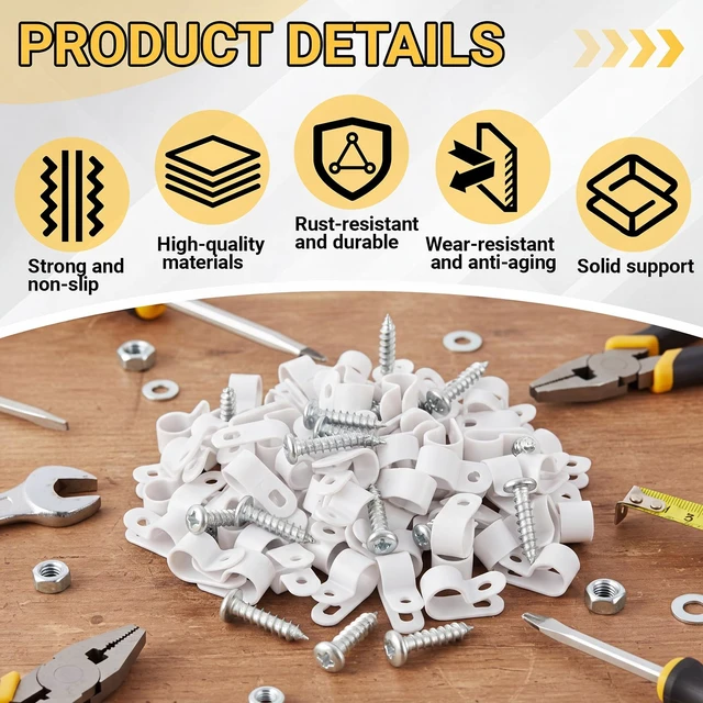 Alt view image 3 of 6 - 100 Pcs 1/2inch Rope Light Clips P-Style White Cable Clamps Outside Mounting Cable Plastic Clamps, Compatible with Stainless Steel Screw, for Wire Cord Management, Reinforced & Thickened Design