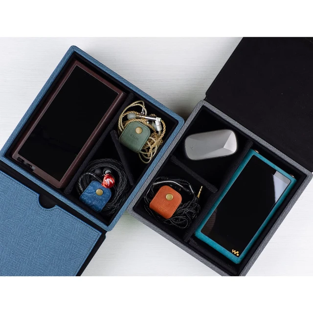 Alt view image 6 of 7 - Carrying Case for 4 IEM Earphones, Handmade Italy PU Leather Hard Box for Earphones + Digital Audio Player DAP AMP DAC Storage carry cover box (4 Earphone Case-Black)
