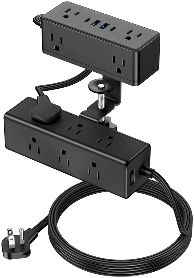 Main image of Dual Layer Desk Clamp Power Strip, 13 Outlets, 45W USB-C, 10FT Cord 1200J Surge Protection, Edge Mount Clamp Fits 2.15" Desk Edge, Home Office Workstation, Black, ETL Listed