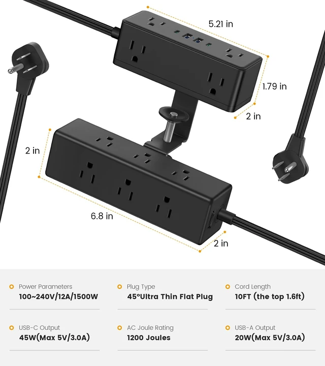 Alt view image 7 of 7 - Dual Layer Desk Clamp Power Strip, 13 Outlets, 45W USB-C, 10FT Cord 1200J Surge Protection, Edge Mount Clamp Fits 2.15" Desk Edge, Home Office Workstation, Black, ETL Listed