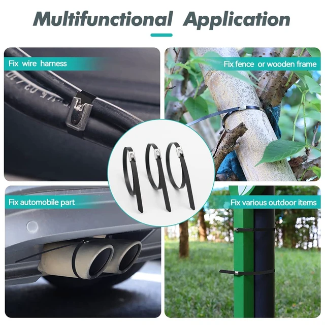 Alt view image 2 of 7 - Metal Zip Ties black 500PCS 11.8 inch 304 Stainless Steel Locking Cable 250LB 300mm Heavy Duty Exhaust Wrap Multi Purpose Binding for machinery, vehicles, farms, cables, pipes,Fence(black/500PCS)
