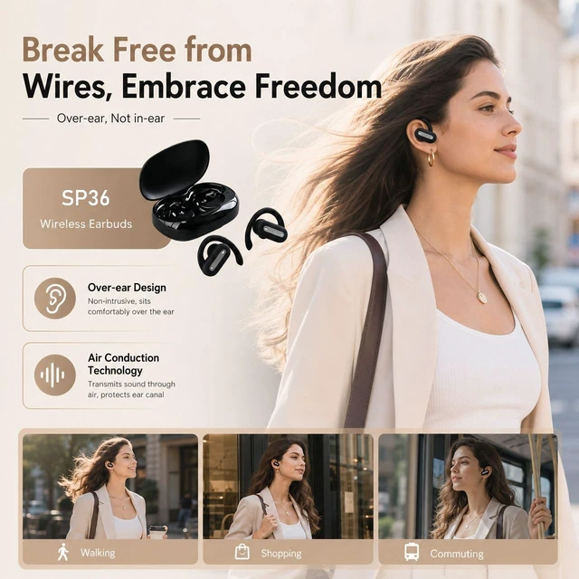 Alt view image 3 of 7 - Wireless Earbuds SP36 Sports with Earhooks, Bluetooth 5.4, Hi-Fi Stereo Sound, LED Display, Long-Lasting Battery Life, Waterproof Sport Headphones Compatible with Android/iOS (Black)