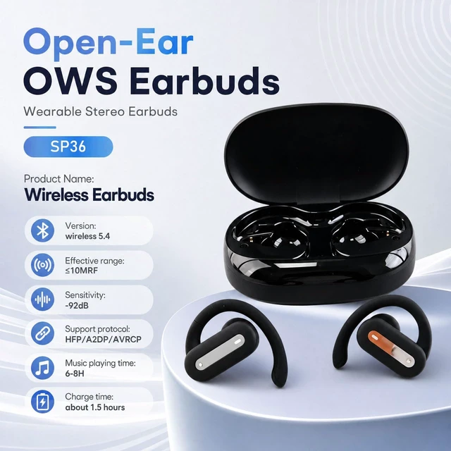 Alt view image 5 of 7 - Wireless Earbuds SP36 Sports with Earhooks, Bluetooth 5.4, Hi-Fi Stereo Sound, LED Display, Long-Lasting Battery Life, Waterproof Sport Headphones Compatible with Android/iOS (Black)
