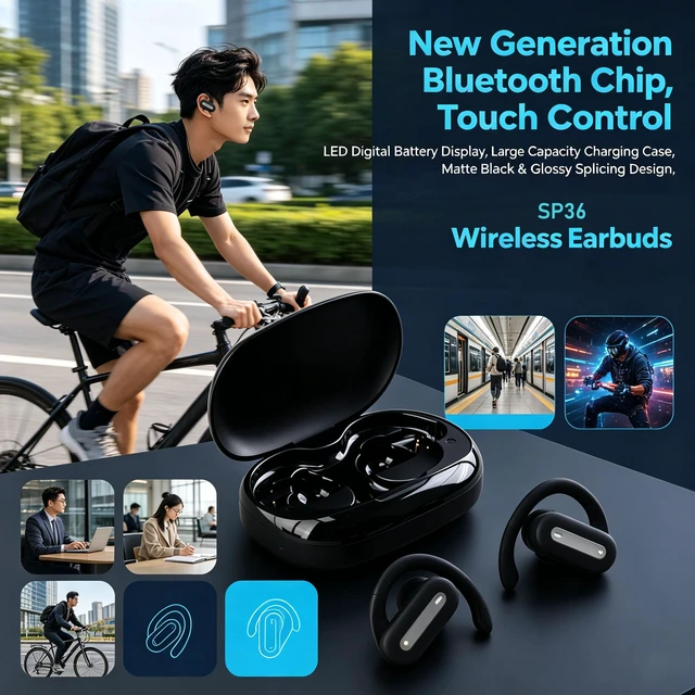 Alt view image 4 of 7 - Wireless Earbuds SP36 Sports with Earhooks, Bluetooth 5.4, Hi-Fi Stereo Sound, LED Display, Long-Lasting Battery Life, Waterproof Sport Headphones Compatible with Android/iOS (Black)