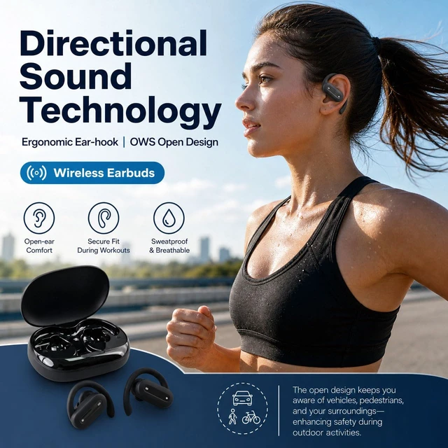 Alt view image 6 of 7 - Wireless Earbuds SP36 Sports with Earhooks, Bluetooth 5.4, Hi-Fi Stereo Sound, LED Display, Long-Lasting Battery Life, Waterproof Sport Headphones Compatible with Android/iOS (Black)