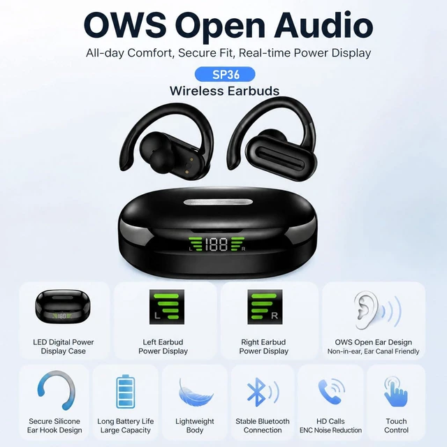 Alt view image 7 of 7 - Wireless Earbuds SP36 Sports with Earhooks, Bluetooth 5.4, Hi-Fi Stereo Sound, LED Display, Long-Lasting Battery Life, Waterproof Sport Headphones Compatible with Android/iOS (Black)