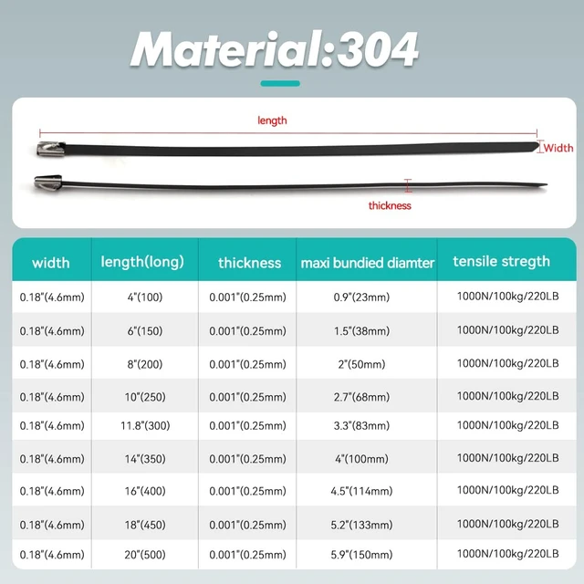 Alt view image 7 of 7 - Metal Zip Ties black 500PCS 11.8 inch 304 Stainless Steel Locking Cable 250LB 300mm Heavy Duty Exhaust Wrap Multi Purpose Binding for machinery, vehicles, farms, cables, pipes,Fence(black/500PCS)