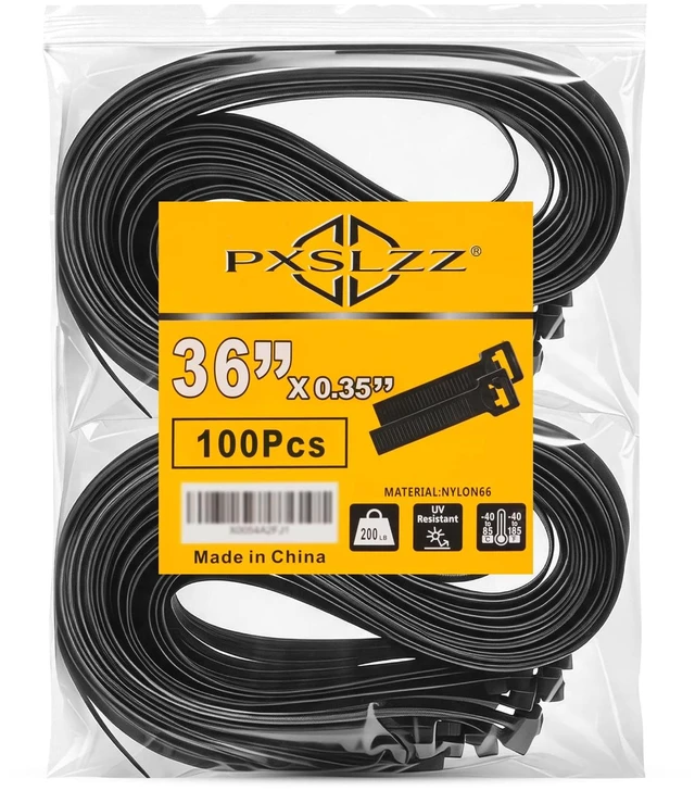 Main image of 36 Inch Zip Ties, 200LBS,0.35In Thick, 100Pack,Black Cable Ties Heavy Duty Extra Long Thick SelfLocking Nylon 66,UV Resistant AntiBrittle,Large Dia Wrapping for Outdoor Sign&Garden Use