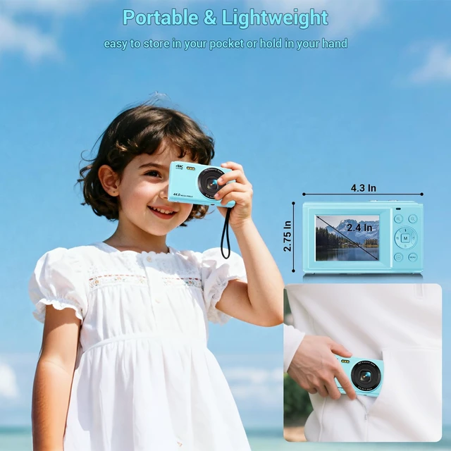 Alt view image 7 of 7 - Digital Camera, 4K 44MP Autofocus Point and Shoot Camera with 16X Zoom 2.4" LCD Portable Compact Camera for Kids Teens Boys Girls Adults