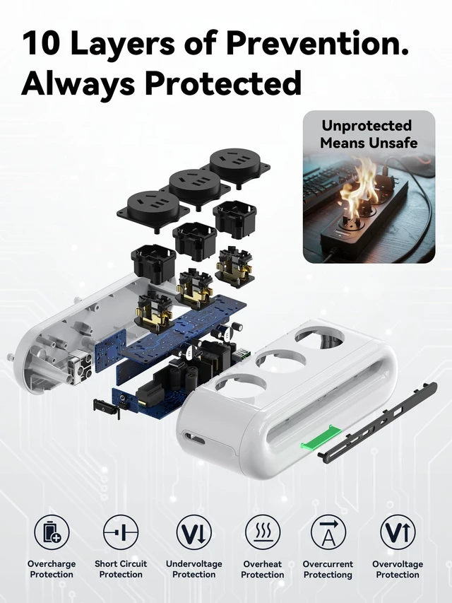 Alt view image 4 of 6 - 65W Charging Station, USB Ports Power Strip, 6 Port Charging Station Surge Protector with 3 AC, 2 USB C, 1 USB A, 5ft Extension Cord, Power Delivery for Home, Office, Conference Rooms, Desk Accessory