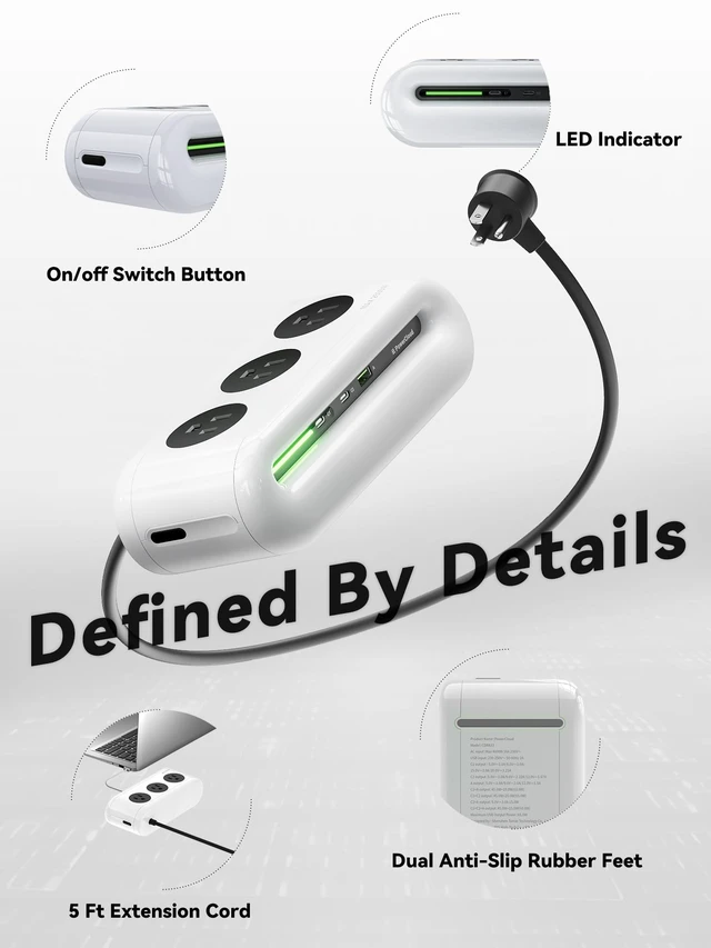 Alt view image 6 of 6 - 65W Charging Station, USB Ports Power Strip, 6 Port Charging Station Surge Protector with 3 AC, 2 USB C, 1 USB A, 5ft Extension Cord, Power Delivery for Home, Office, Conference Rooms, Desk Accessory