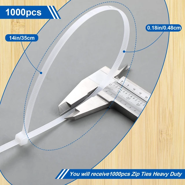 Alt view image 2 of 7 - 1000 Pcs 14 in Zip Ties Heavy Duty Plastic Wire Ties, White Self Locking Wraps, 14 Inch Cable Ties for Wire Management, Indoor Outdoor Use, 49 lb Tensile Strength, UV Protection