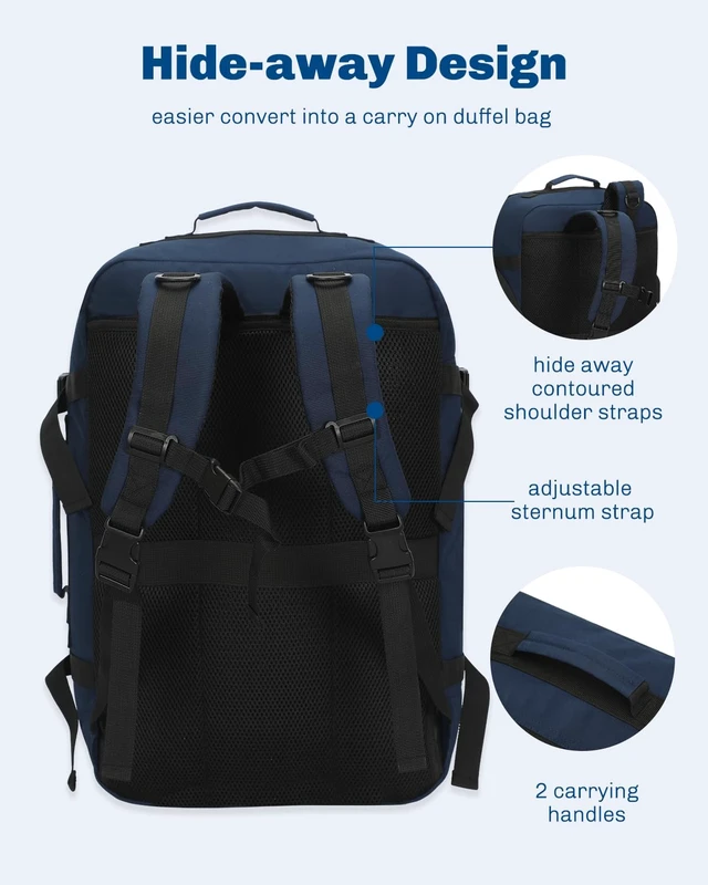 Alt view image 4 of 7 - 38L Flight Approved Backpack Carry On Travel Bag for Men Women Dark Blue Large Weekender Cabin Luggage,Padded 15" Laptop Sleeve,Convertible Overnight Duffel,9 Organized Pockets
