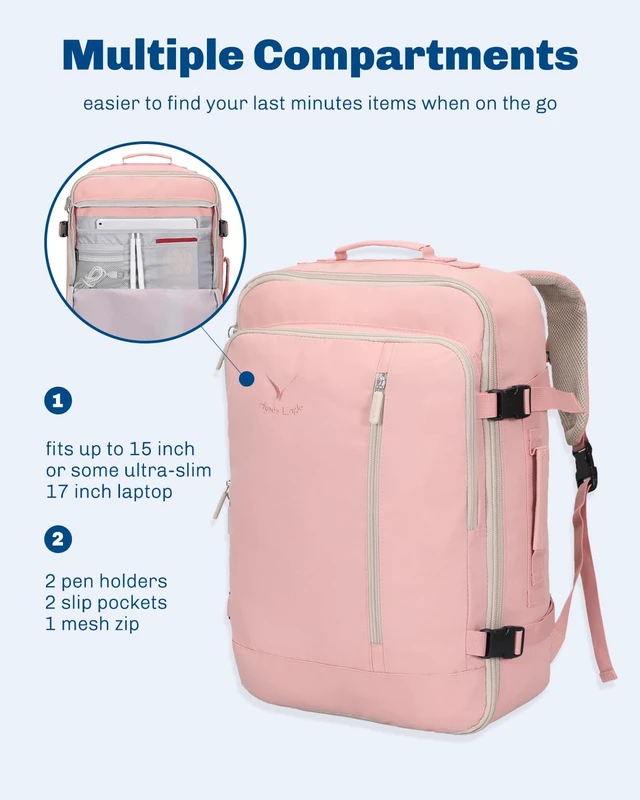 Alt view image 3 of 7 - 38L Flight Approved Backpack Carry On Travel Bag for Men Women Light Pink Large Weekender Cabin Luggage,Padded 15" Laptop Sleeve,Convertible Overnight Duffel,9 Organized Pockets