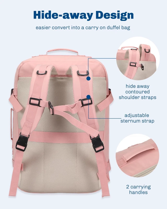 Alt view image 4 of 7 - 38L Flight Approved Backpack Carry On Travel Bag for Men Women Light Pink Large Weekender Cabin Luggage,Padded 15" Laptop Sleeve,Convertible Overnight Duffel,9 Organized Pockets